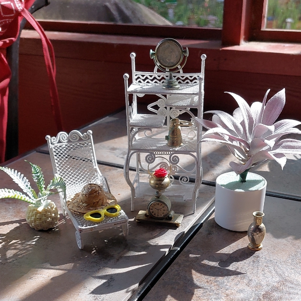 Vintage Miniature White Metal Shelf and Chair Set with Decorative Accents